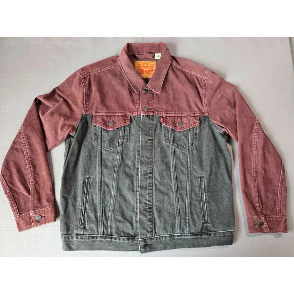 Levi Jacket Mens Large Black Maroon Corduroy Jean Denim Trucker Classic